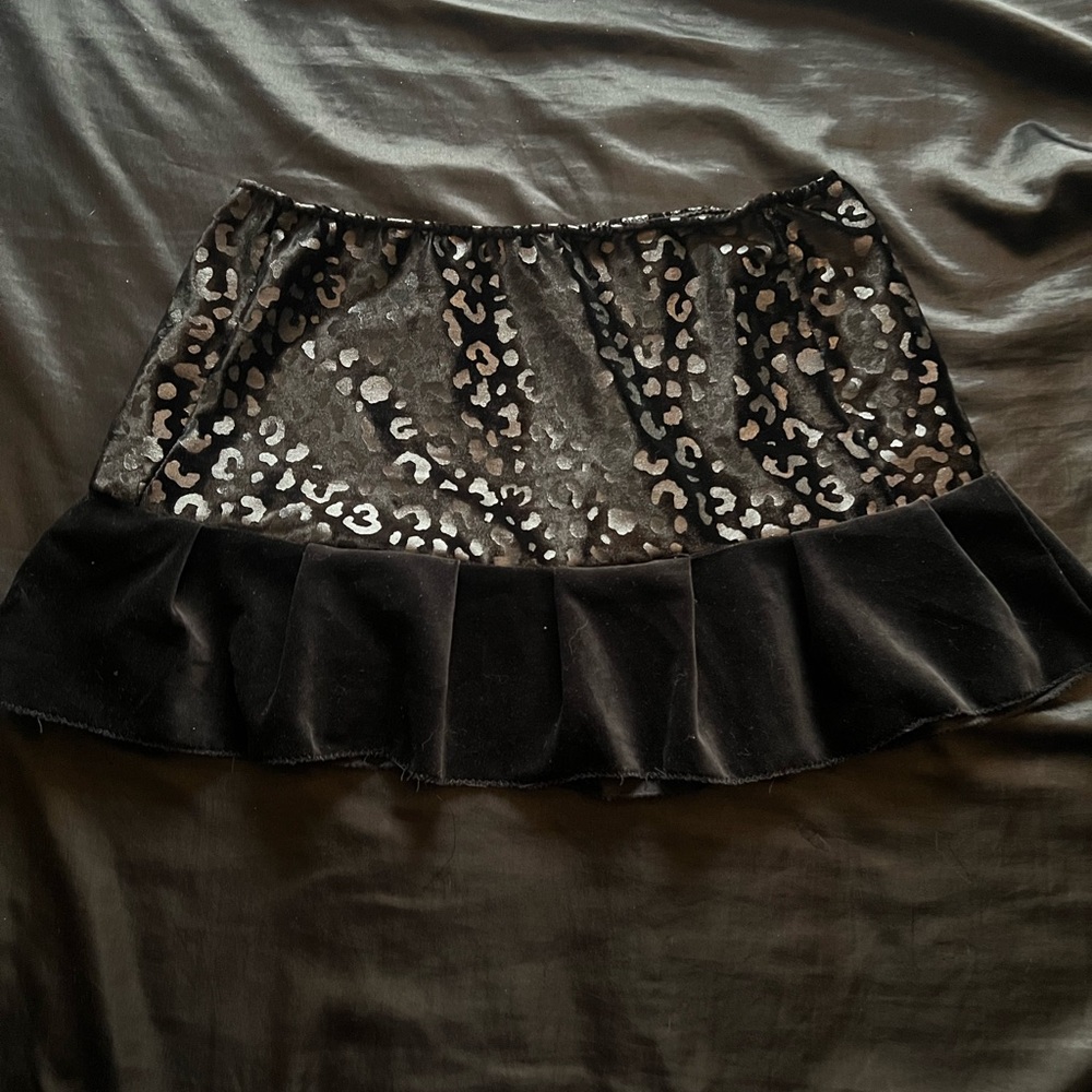 SOLD Handmade Leopard Black Velvet Mini Skirt with Velveteen Pleats